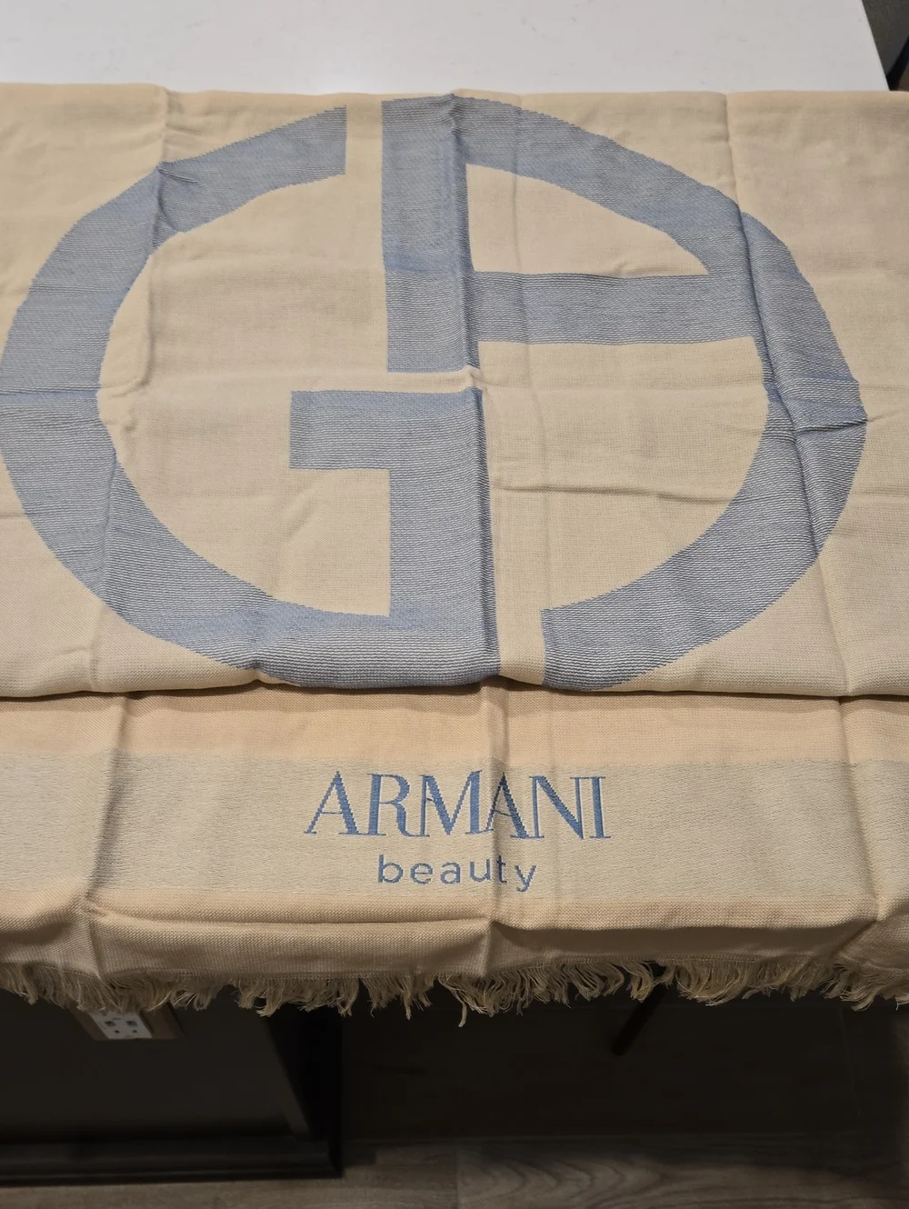 New Never Used Giorgio Armani Cream Beach Towel with Light Blue Logo